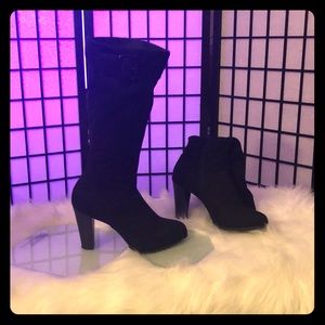 Black mid calf high suede boots with buckle & heel